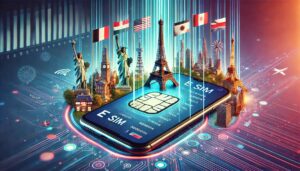 A digital illustration of a smartphone with E SIM capabilities, displaying a digital SIM activation menu and multiple country flags, representing seamless global connectivity. The background features iconic landmarks like the Eiffel Tower and Statue of Liberty, symbolizing worldwide travel. A futuristic network effect surrounds the phone, emphasizing the convenience and technology of an E SIM card for international travel.